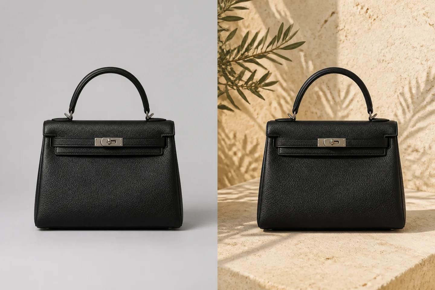 Before and after handbag image with a Mediterranean studio background